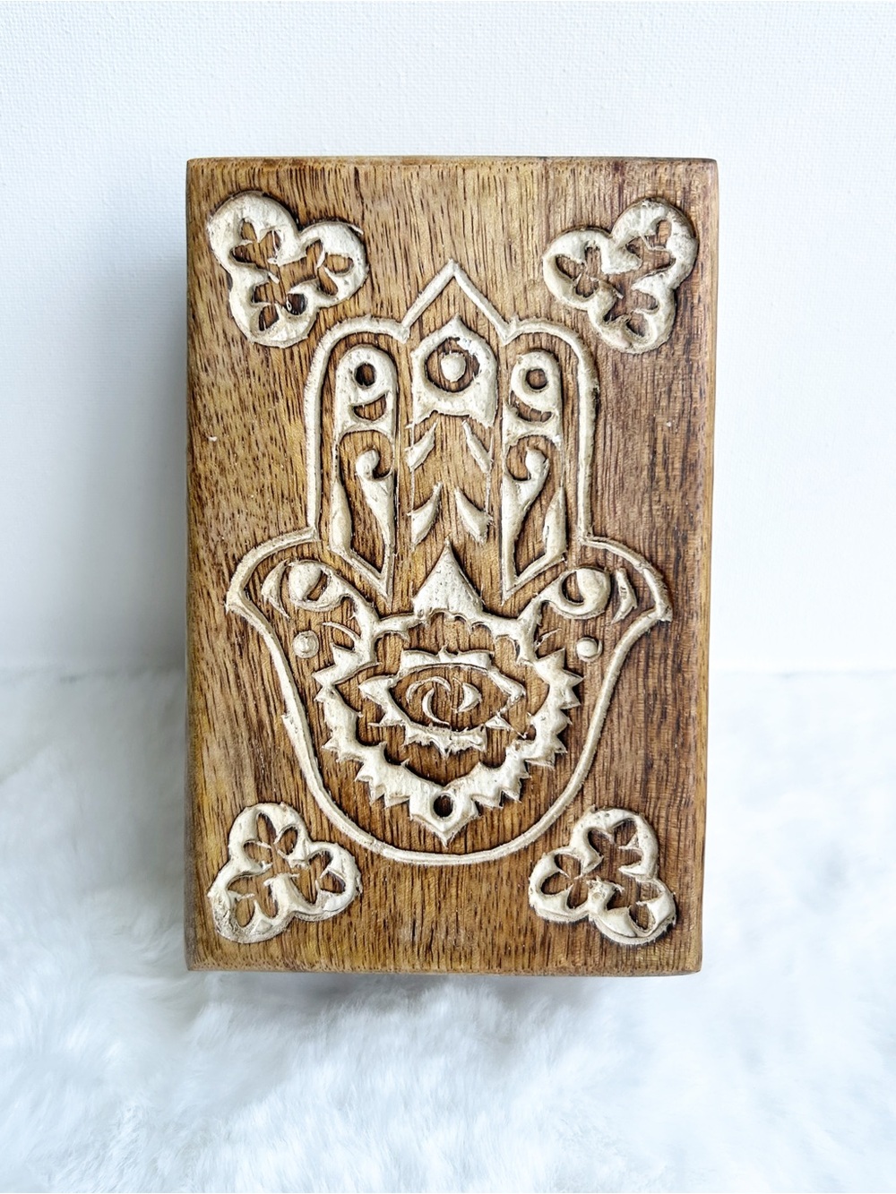 4”x6” Hand Carved Hamsa Wooden Trinket Box | Spiritual Jewelry & Crystal Storage